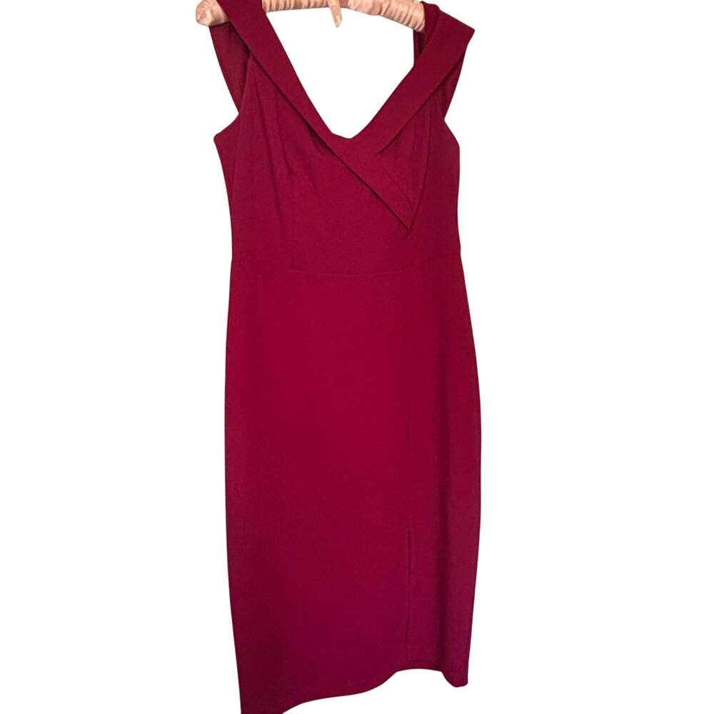 Premier Amour Raspberry Red Dress With Folded V-Neckline & Gold Zip Side Slit